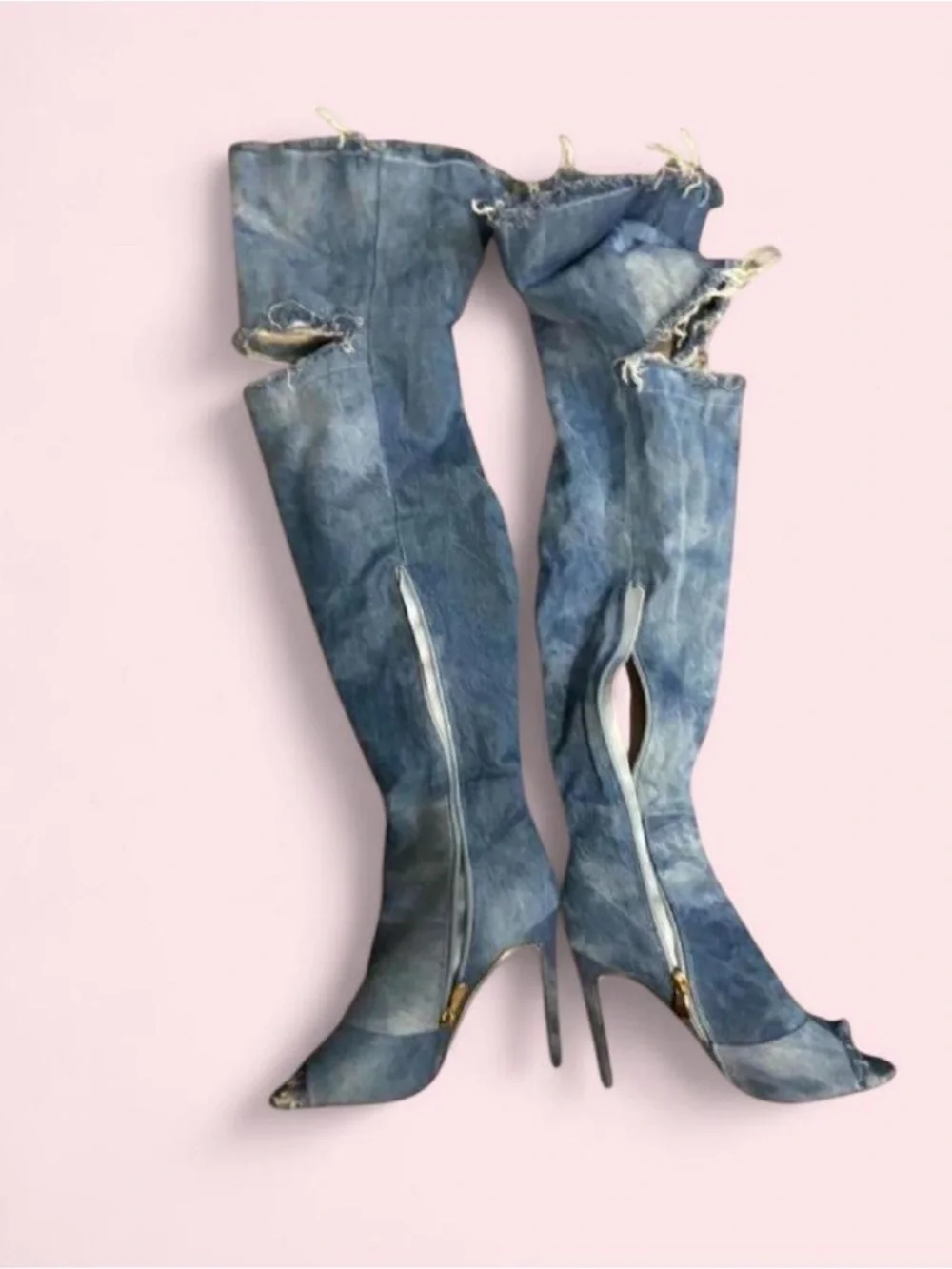 Distressed Denim Over-the-Knee Stiletto Boots - Blue